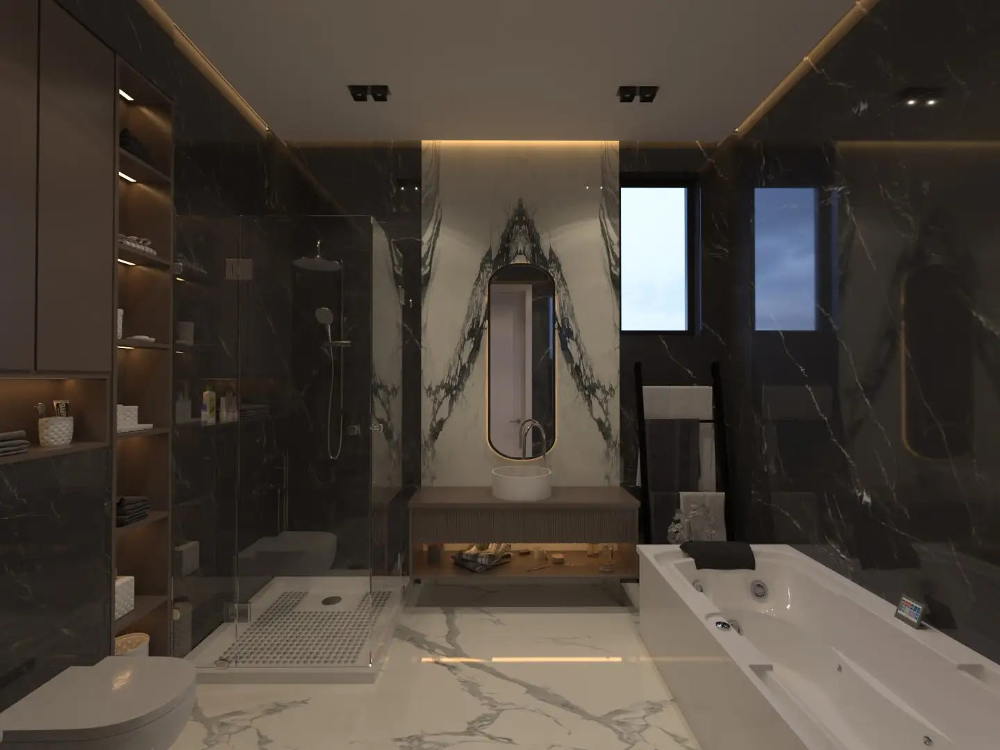 Tiled bathroom floor and wall with clean grout lines