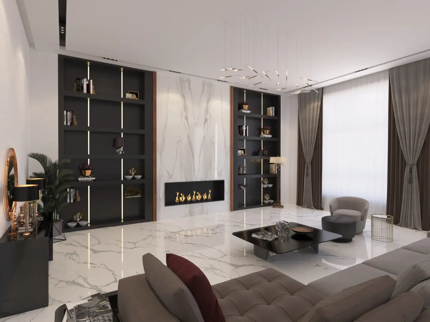 Alabaster stone wall panel installation with warm ambient lighting