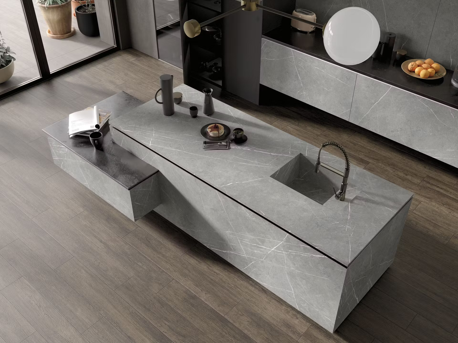 Porcelain slab kitchen countertop and island in a contemporary home