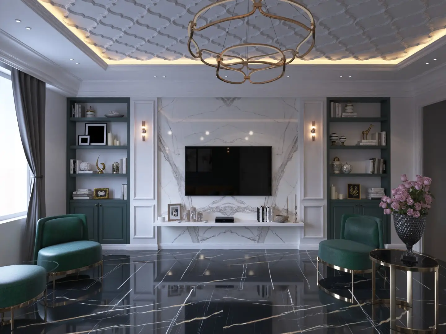 Translucent backlit onyx feature wall in a luxury living room