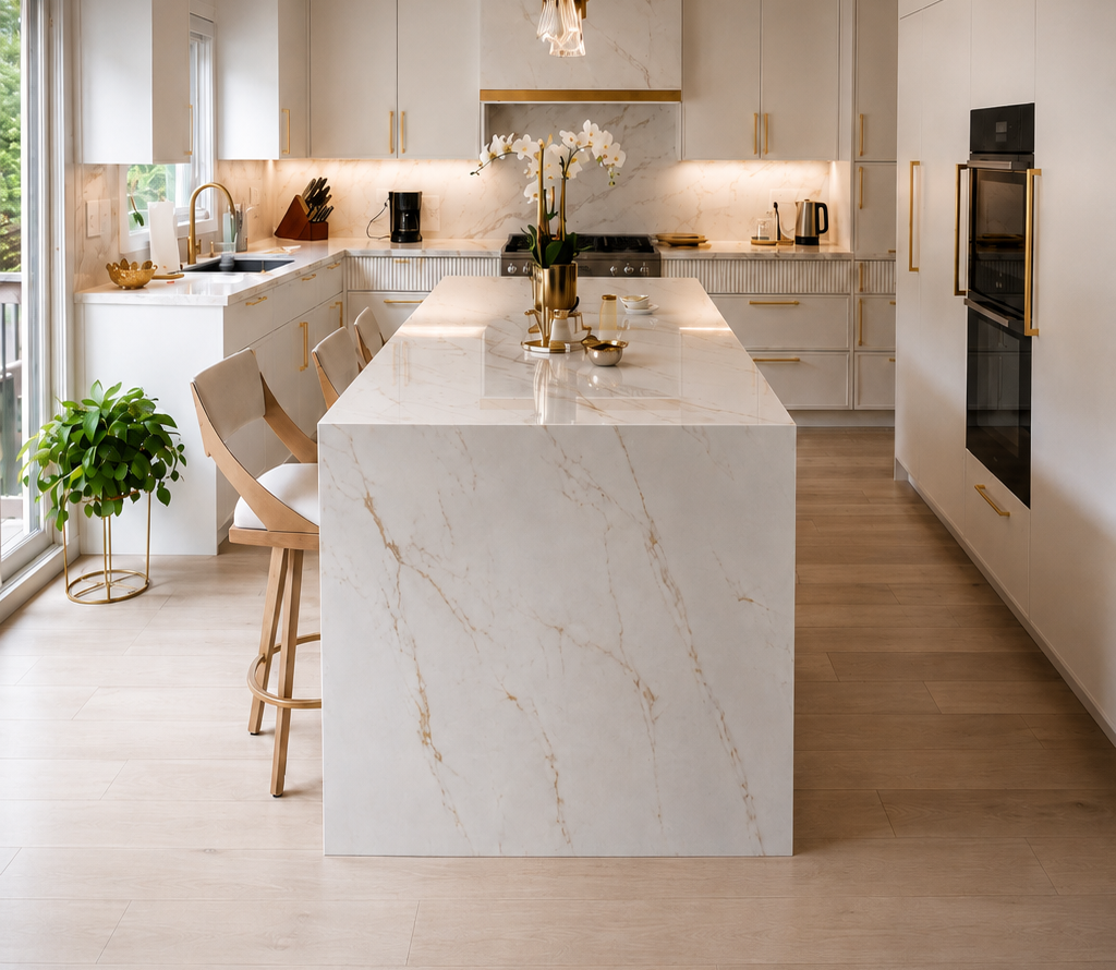 Calacatta marble waterfall island and backsplash in a custom kitchen